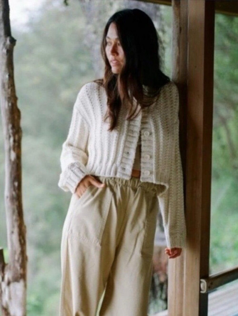 OZMA Cream Cropped Button-Up Knit Sweater
